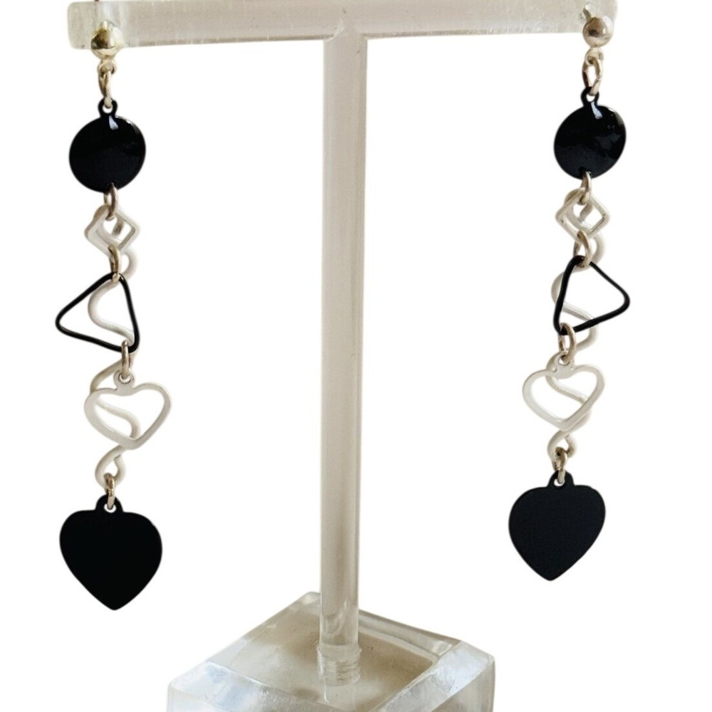VTG Modernist Earrings statement dangle Pierced Enamel Heart Retro Black 1980s